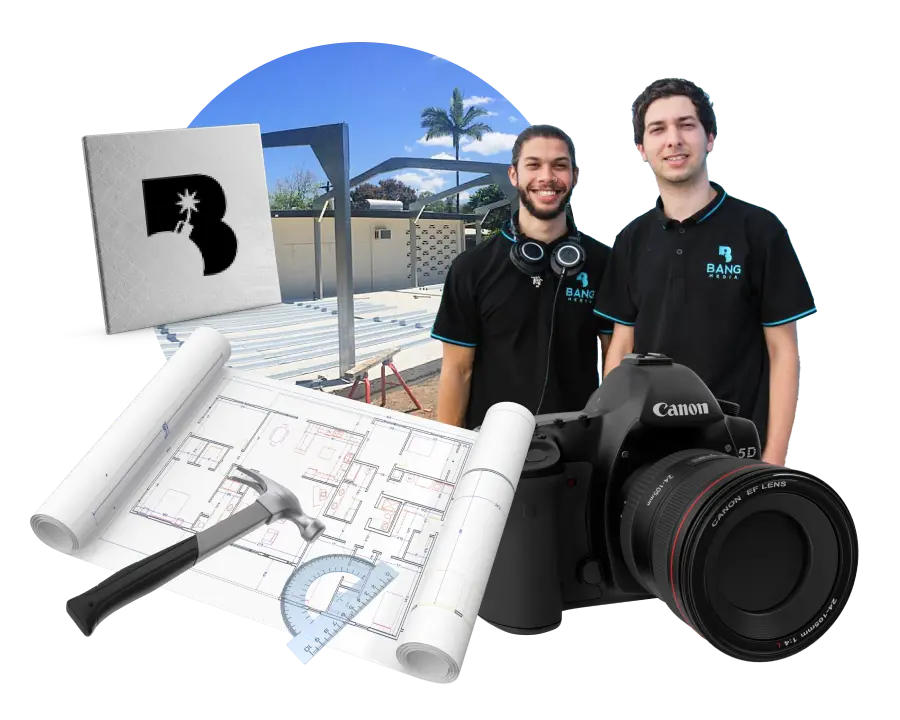 A couple of men standing next to a camera