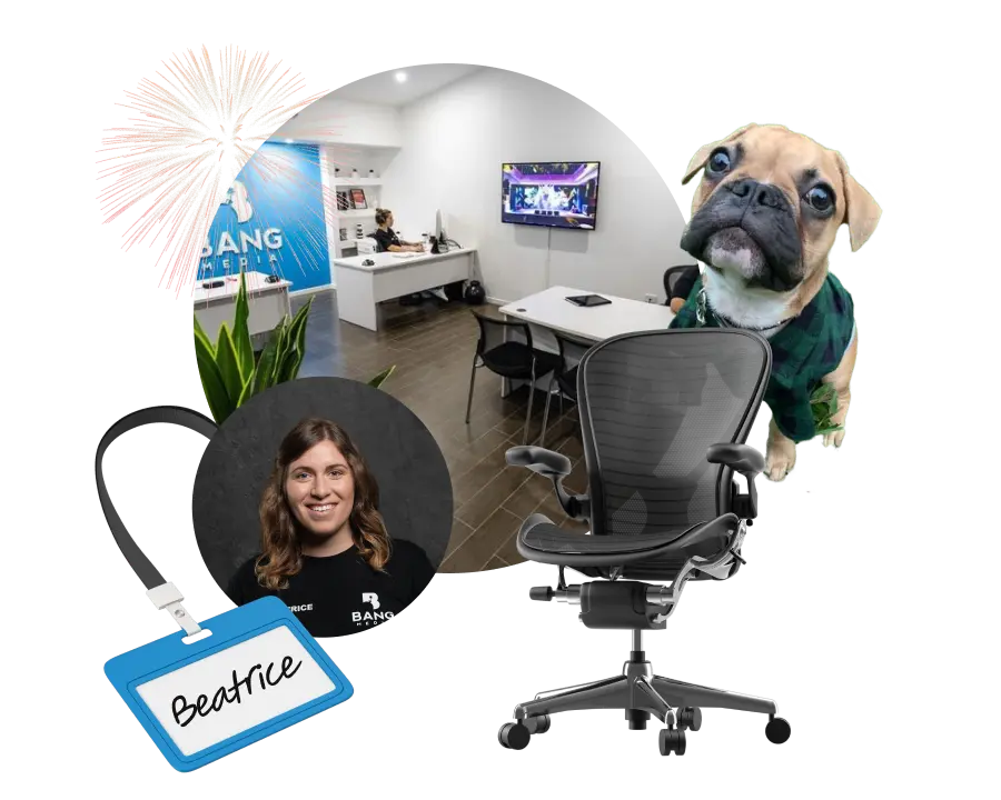 A dog sitting in an office chair next to a desk