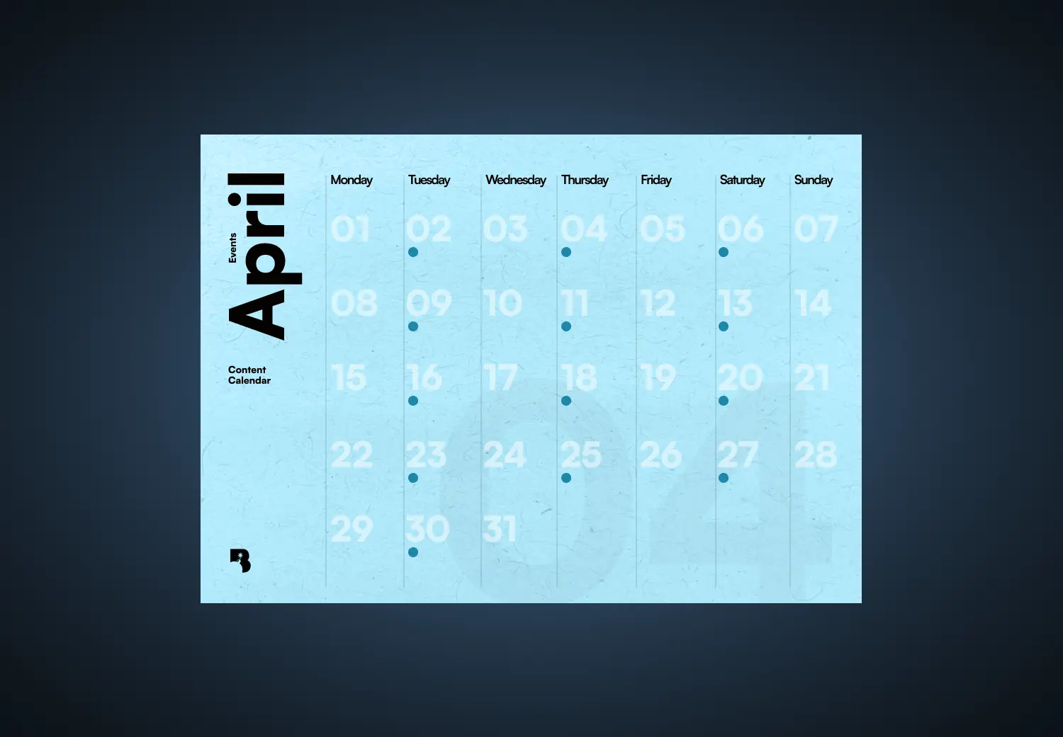 A blue calendar with the month of april on it