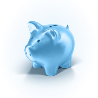 A white piggy bank sitting in a blue circle