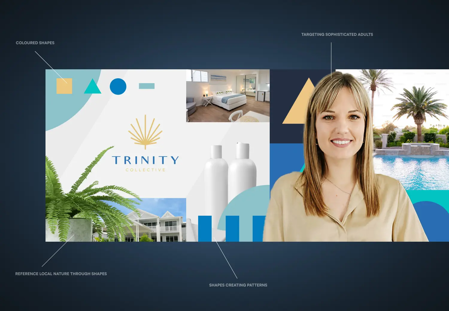 A woman standing in front of a blue and white background