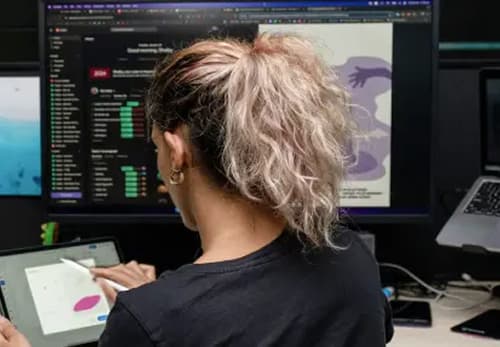 A woman sitting in front of a computer monitor