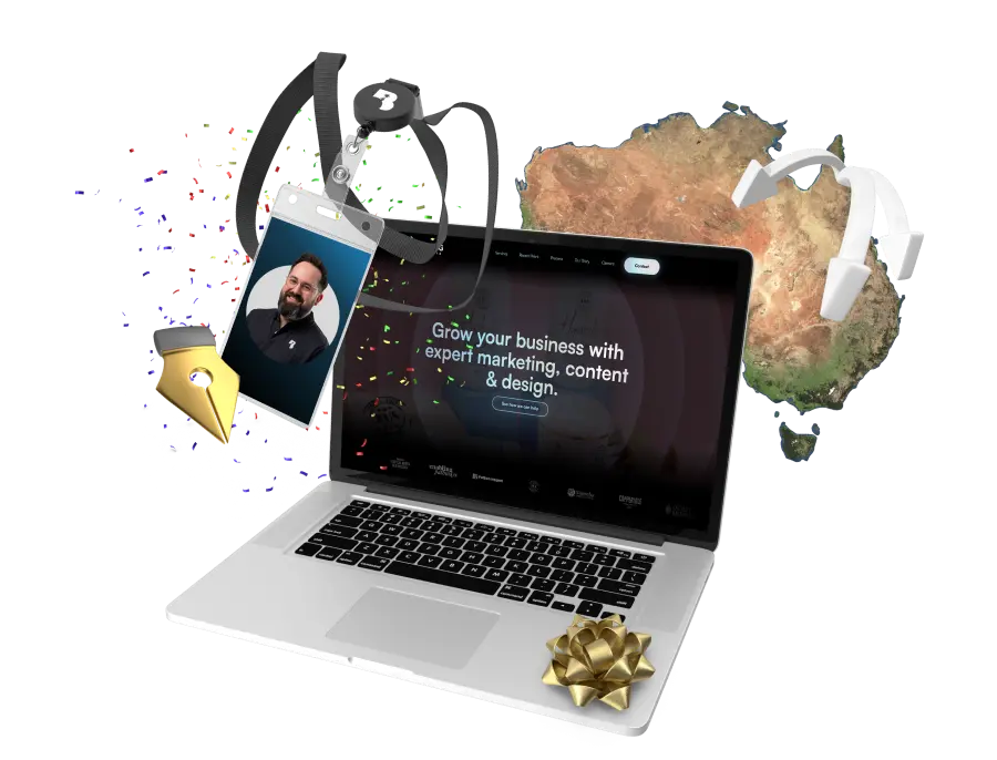 Laptop displaying a website homepage with text 'Grow your business with expert marketing, content & design,' a photo ID badge with a smiling man, a gold pen nib, and a map of Australia with white arrows.