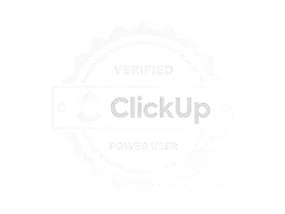 ClickUp Power User badge with gear and checkmark icons.