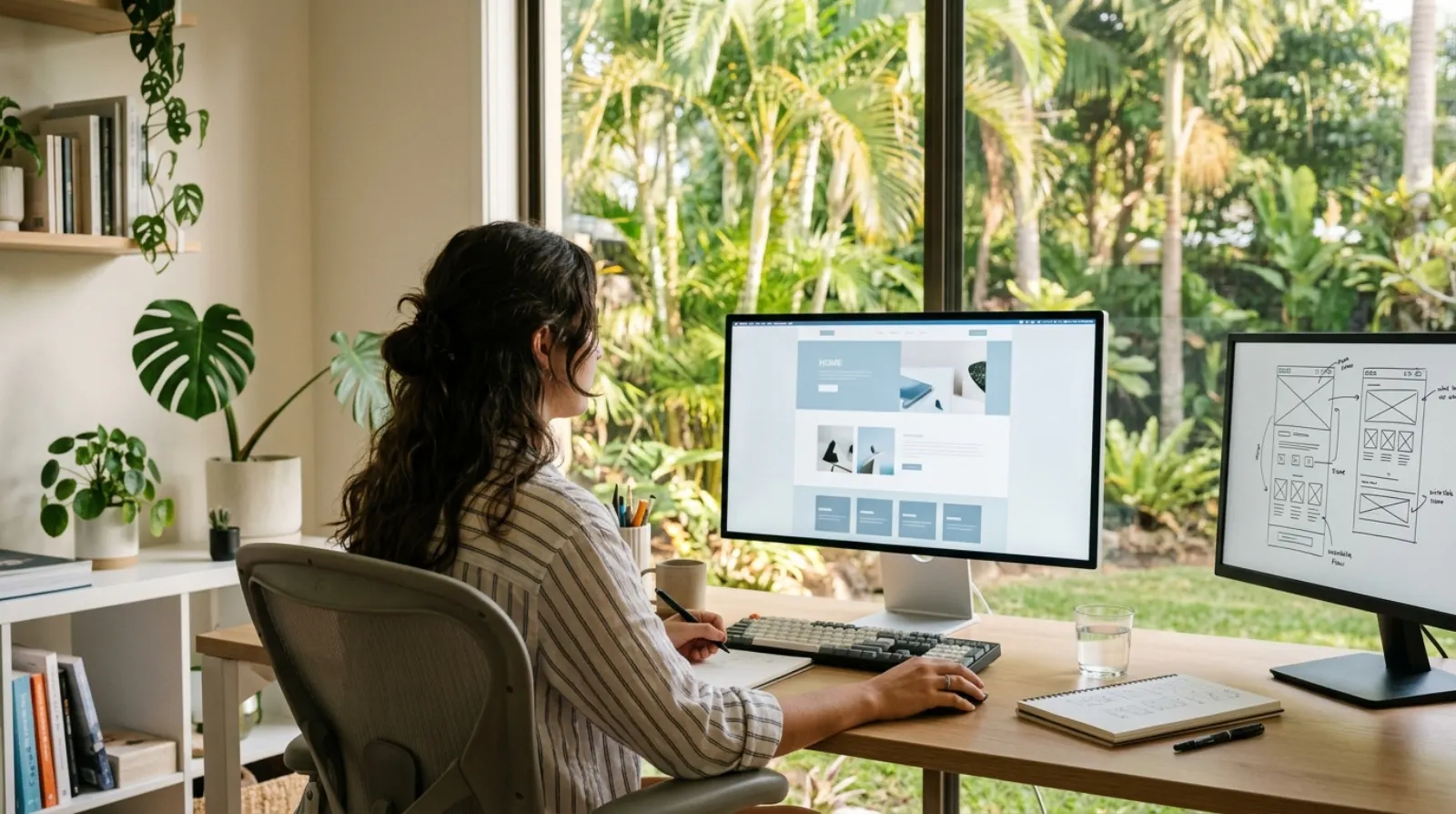 Website designer reviewing a homepage layout in a Cairns studio