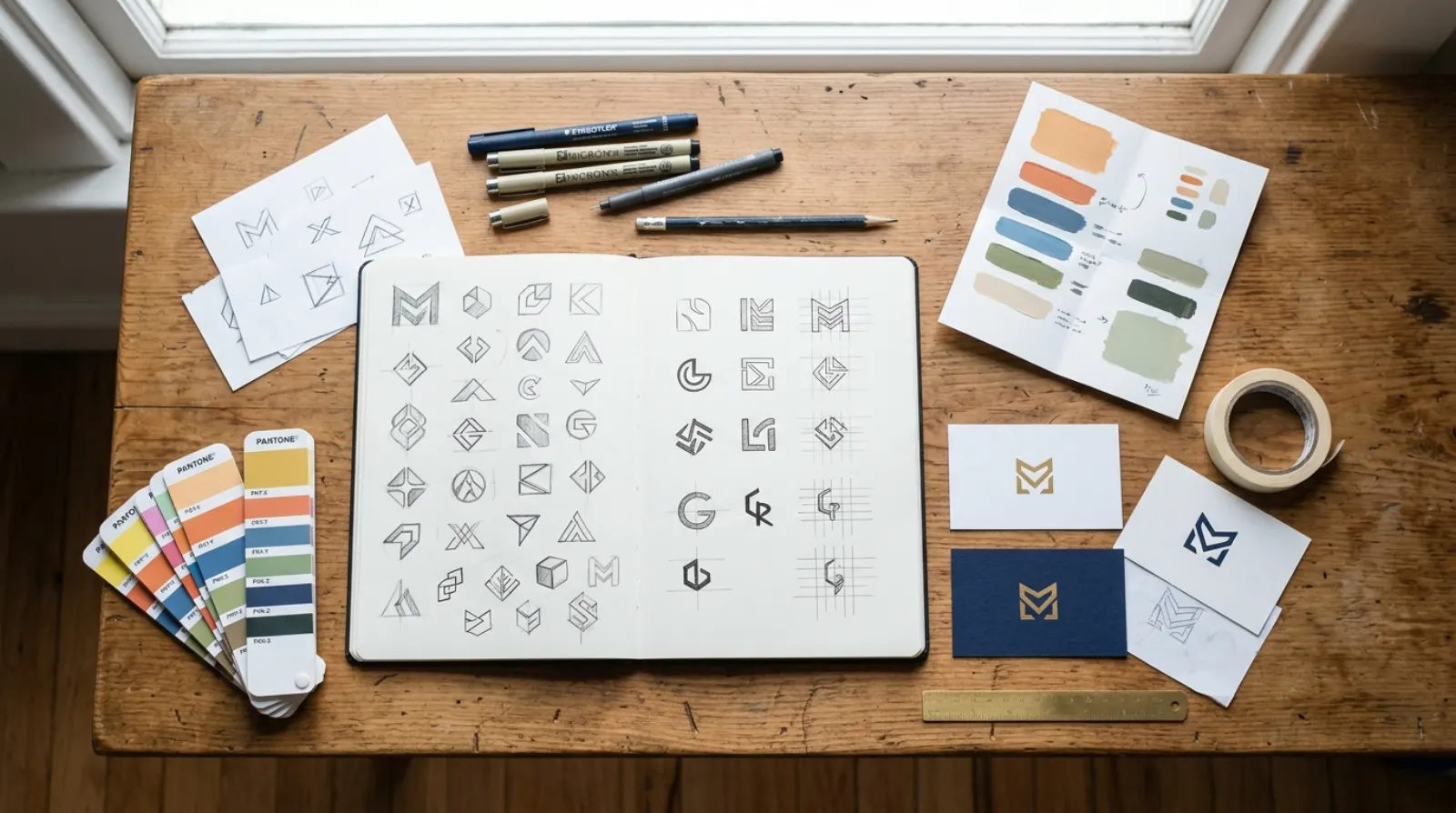Logo sketches and brand colour swatches during a Cairns brand design project