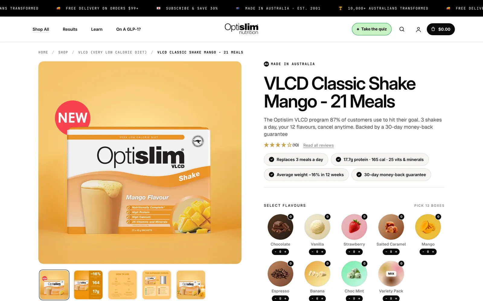 The custom Optislim product page with flavour by flavour pack selection