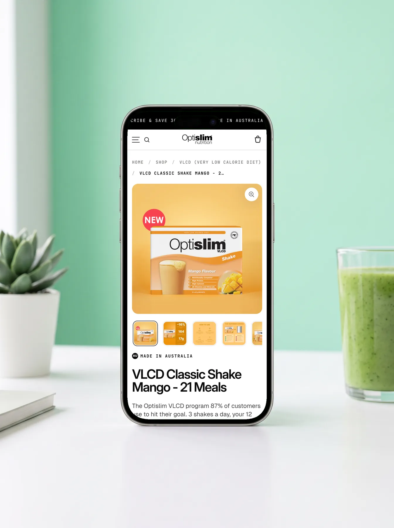 The Optislim product page shown on an iPhone