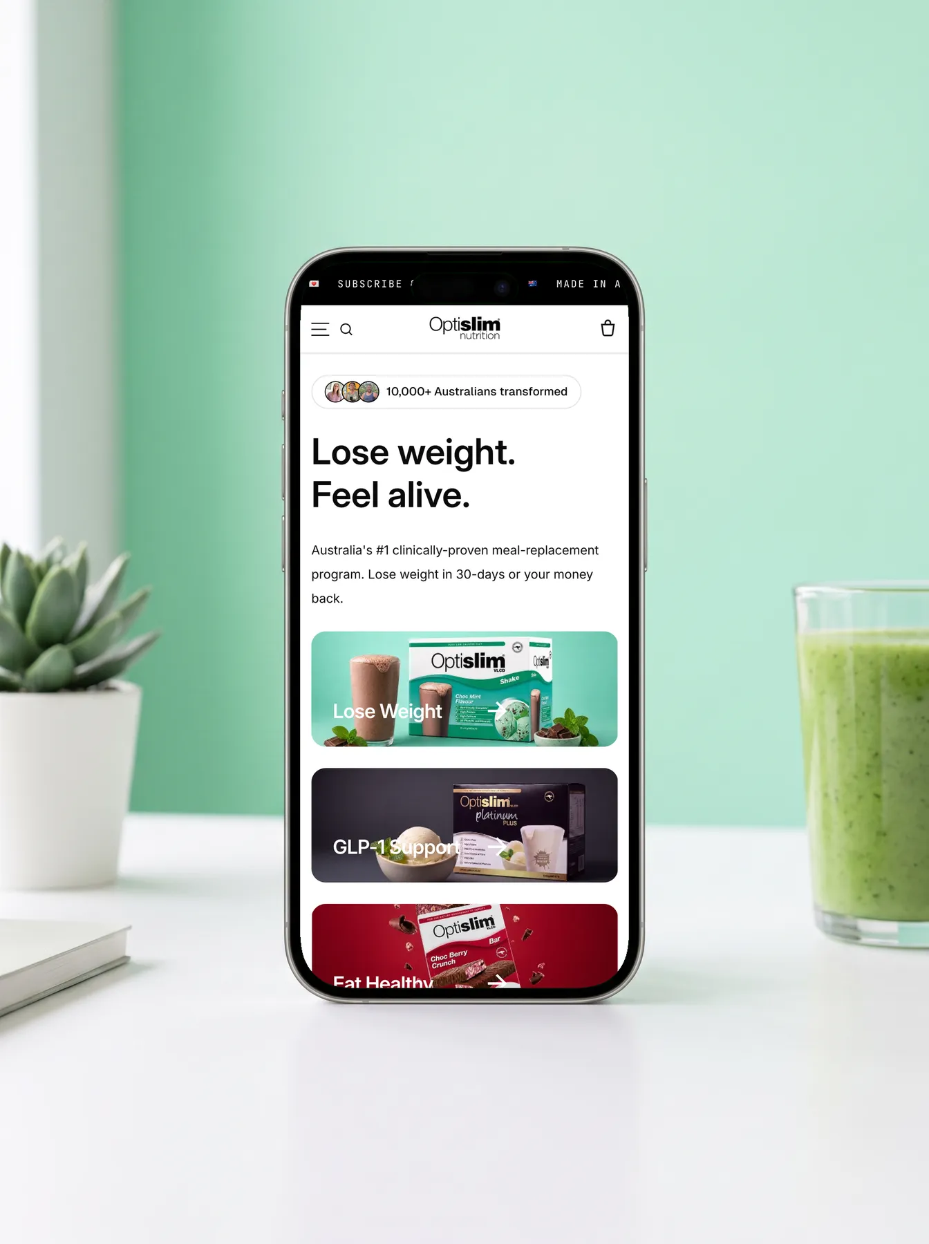 The Optislim homepage shown on an iPhone
